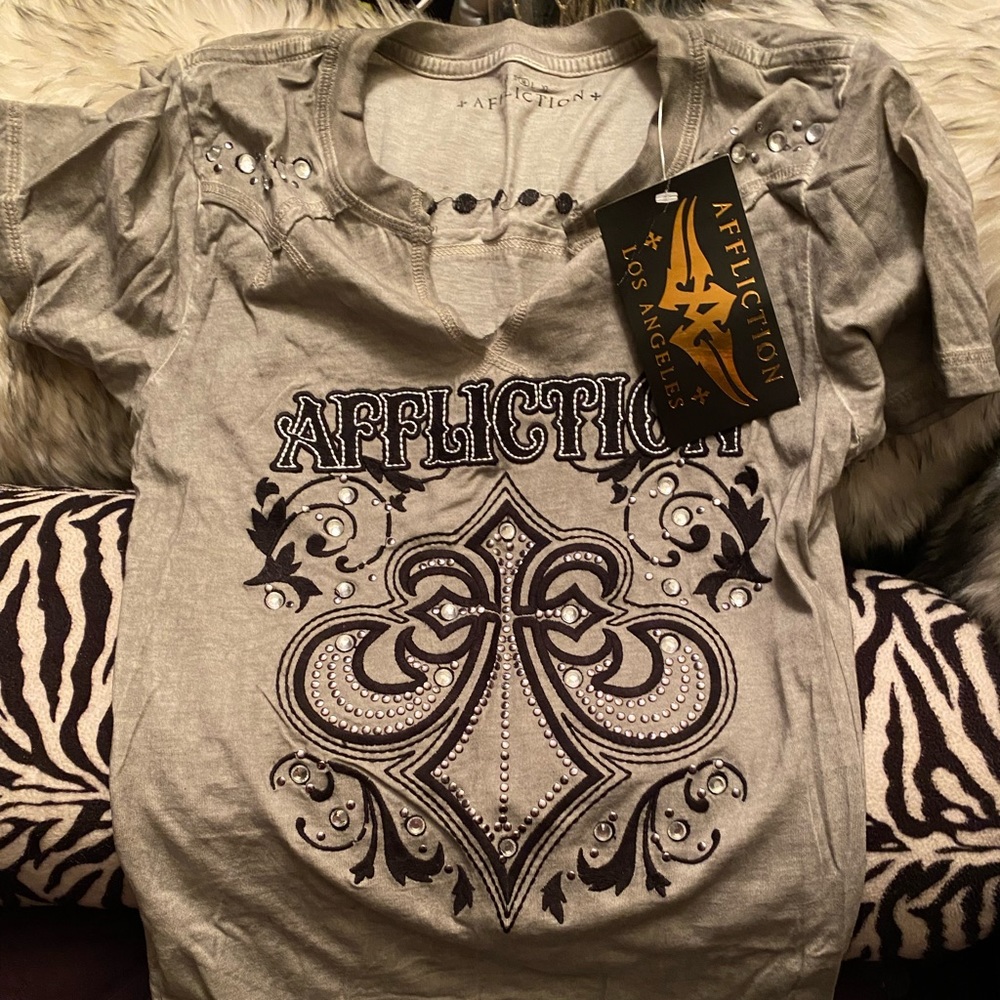 Affliction stone grey too with stone and stud details